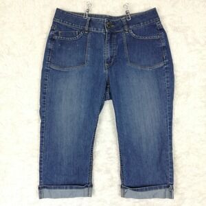Riders Lee Womens Jeans Capri Cuffed Blue Denim Medium Wash Front Patch 10